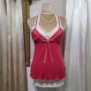 ♡ Y2K ♡ Hollister Pink Pointelle Lace Ribbon Tie Babydoll Cami Tank Top